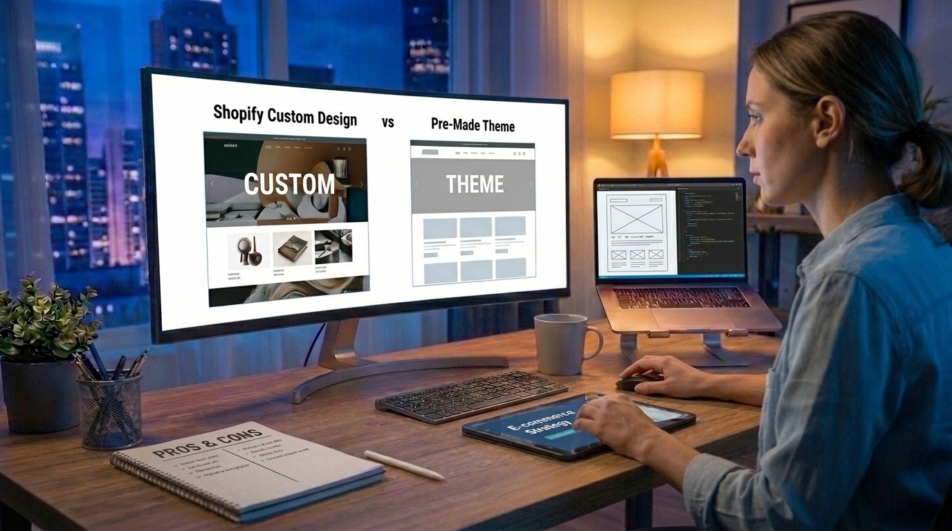 Comparison of custom Shopify design vs pre-made theme on a desktop display.