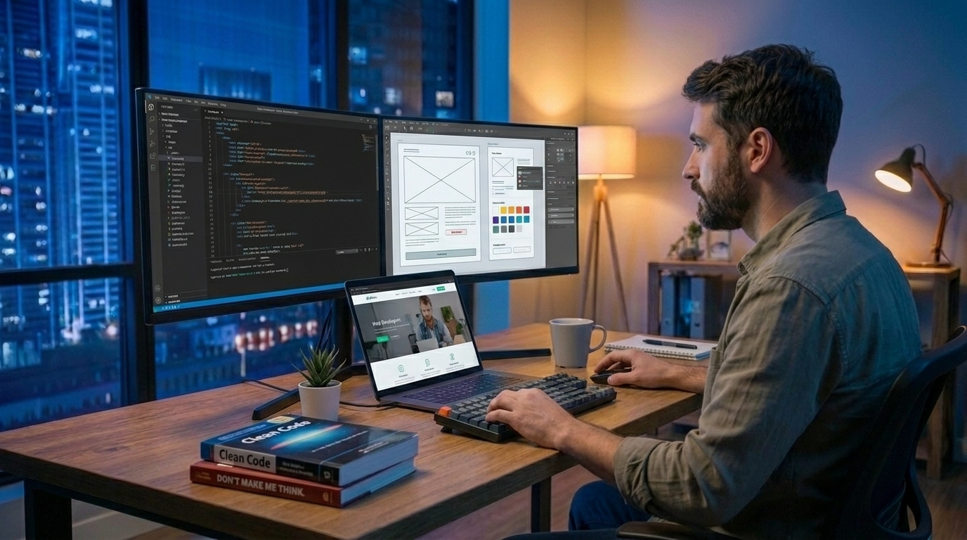 A web developer working on dual monitors showing code and wireframe designs