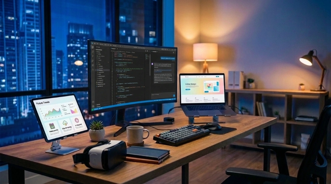 uturistic multi-screen web development workspace