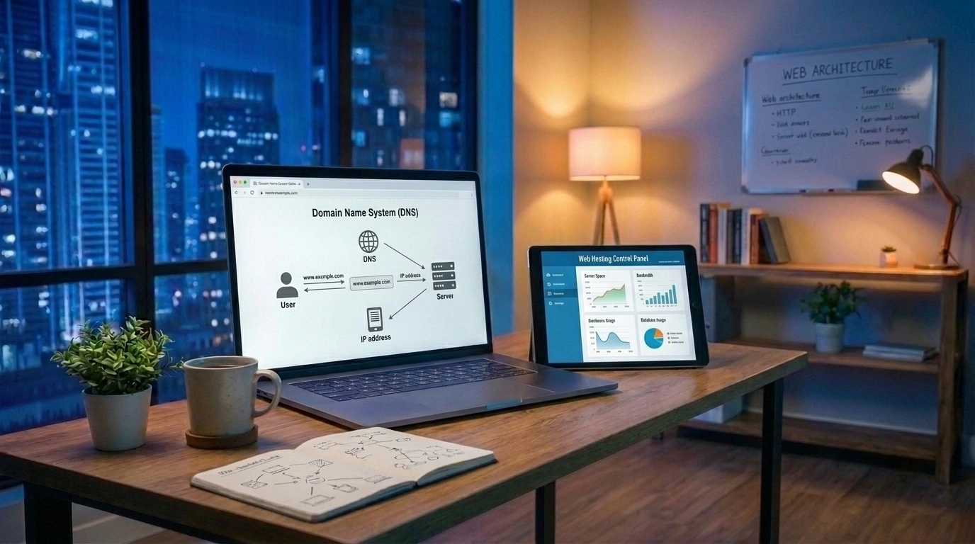 Laptop displaying a domain name system (DNS) diagram and web hosting dashboard.