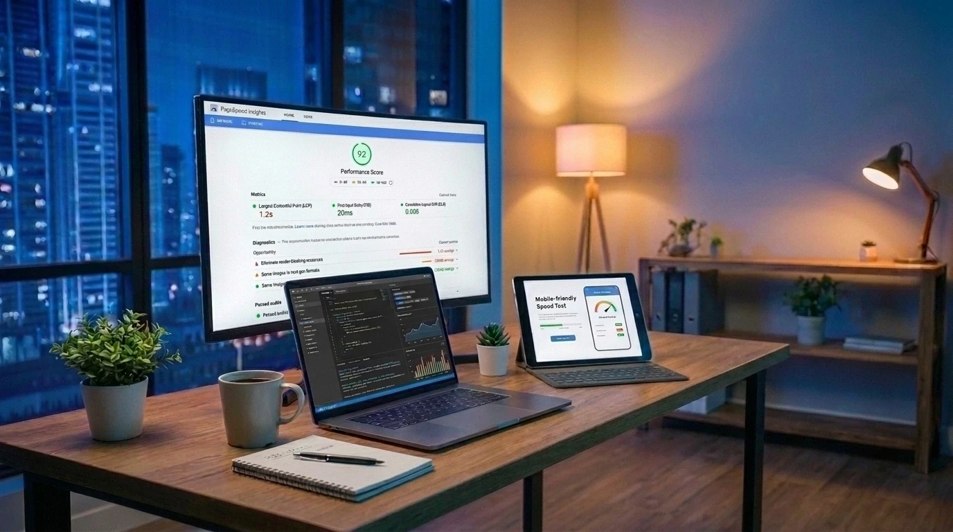 Desk setup showing PageSpeed Insights and website performance metrics across multiple screens.