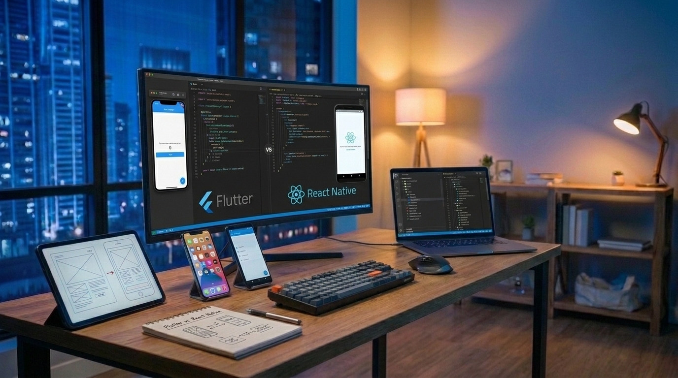 Workspace monitor displaying a side-by-side comparison of Flutter vs React Native.