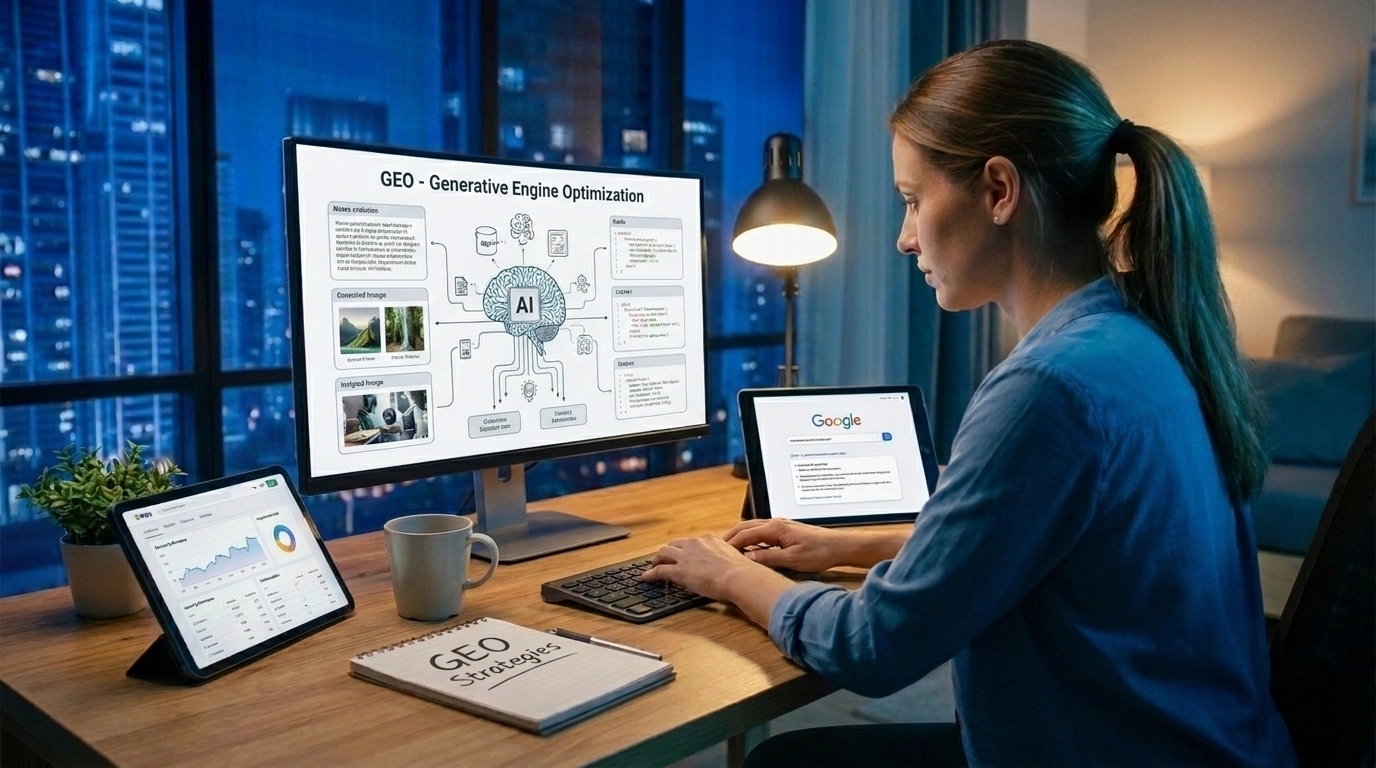 Generative Engine Optimization (GEO) diagram on a monitor.