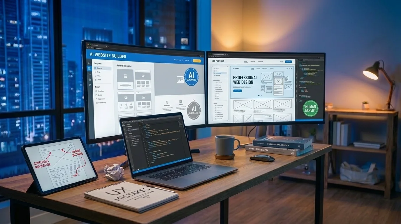 Dual monitor setup comparing an AI website builder with professional web design.