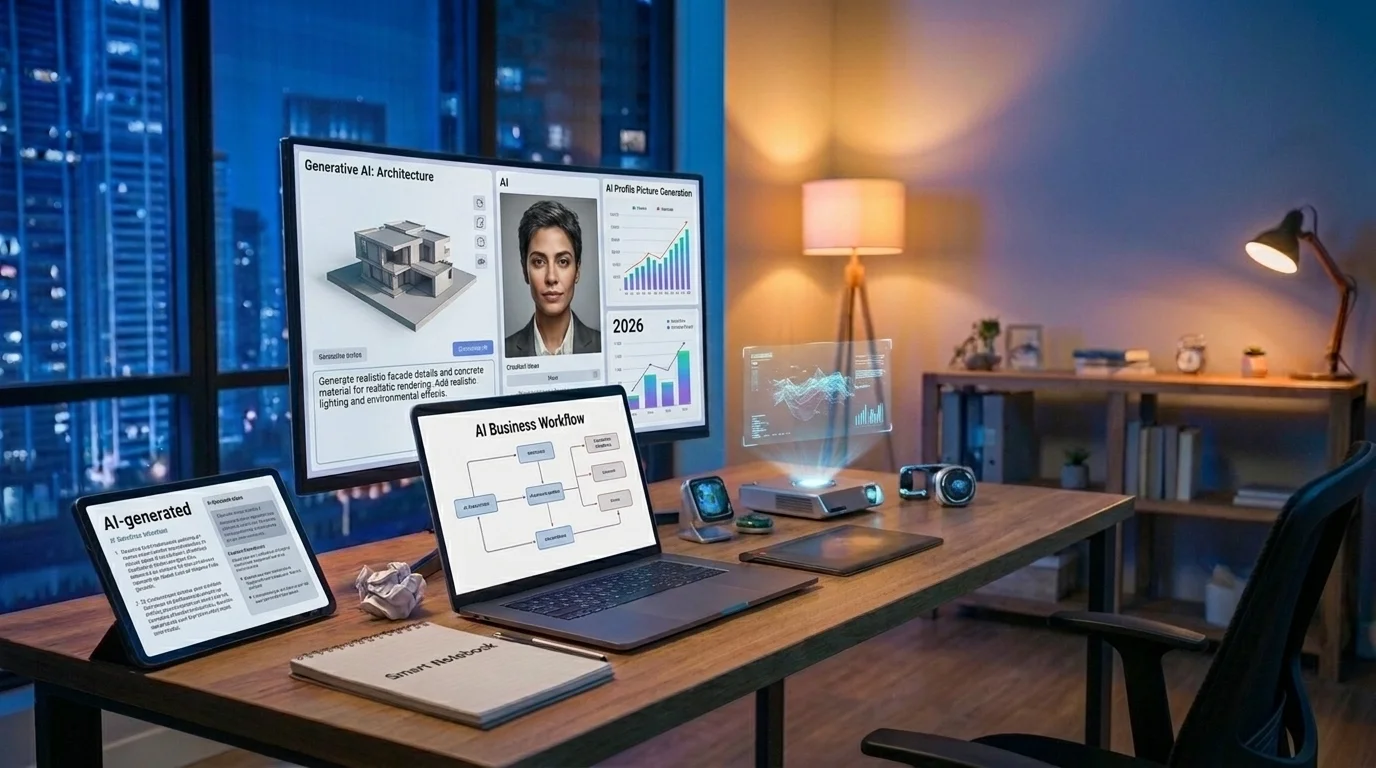 Workspace displaying Generative AI tools and business workflows across multiple screens.