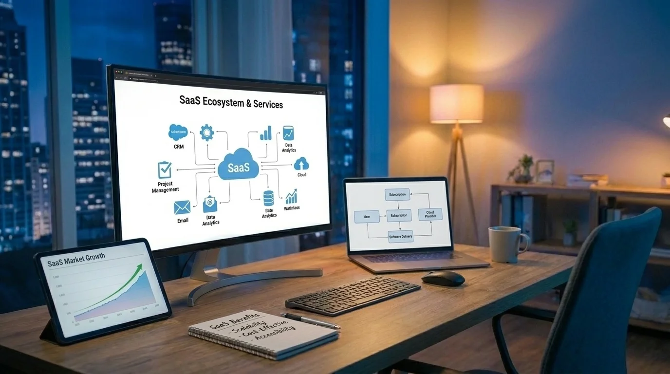 Workspace displaying SaaS ecosystem diagrams and market growth analytics across multiple devices.