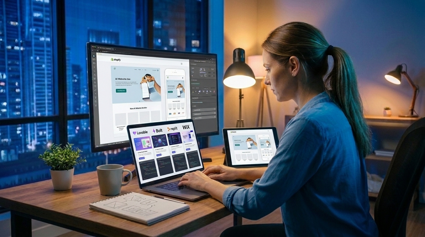 Woman using AI website building platforms and web design tools on multiple screens.
