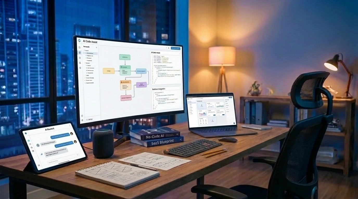 Workspace featuring AI code assistance and SaaS blueprint development tools.