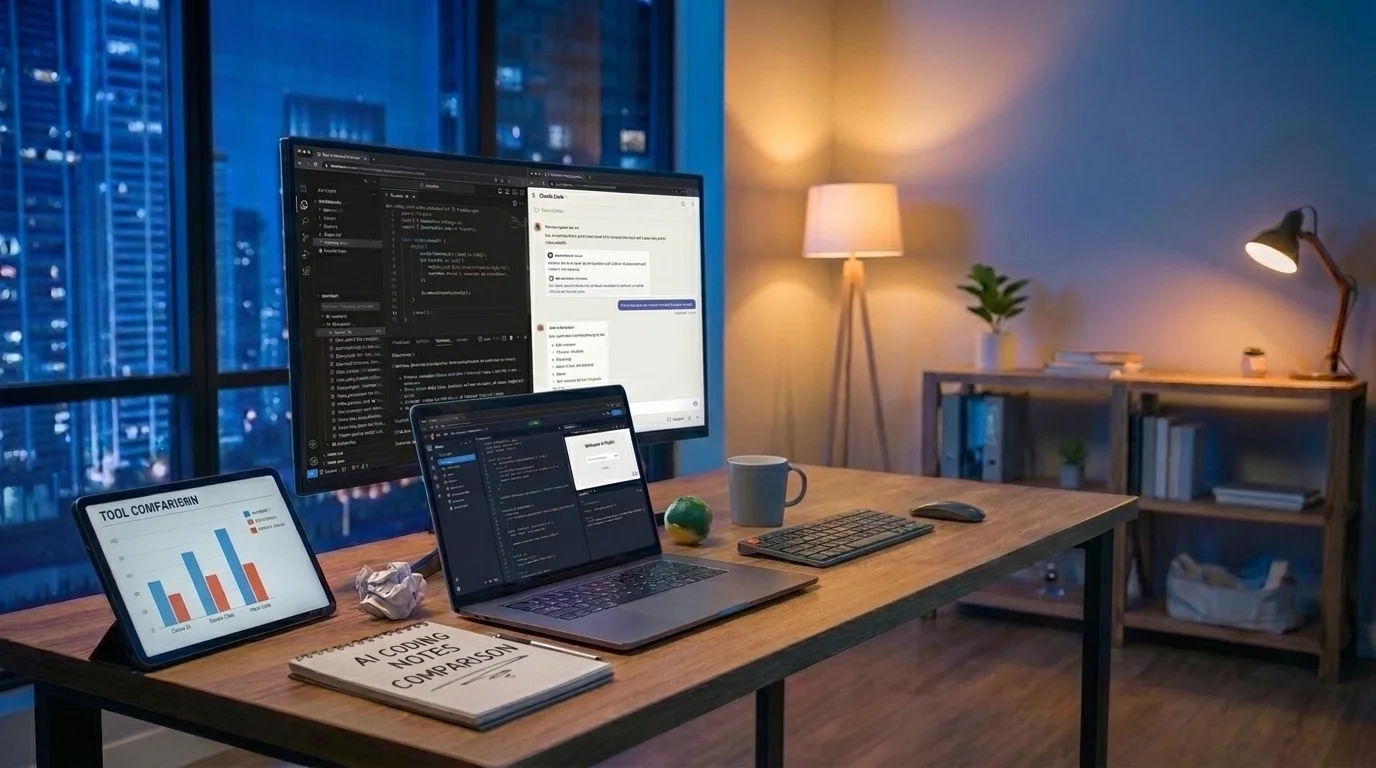 Developer workstation featuring multi-screen coding environments, tool comparison charts, and domain routing notes.