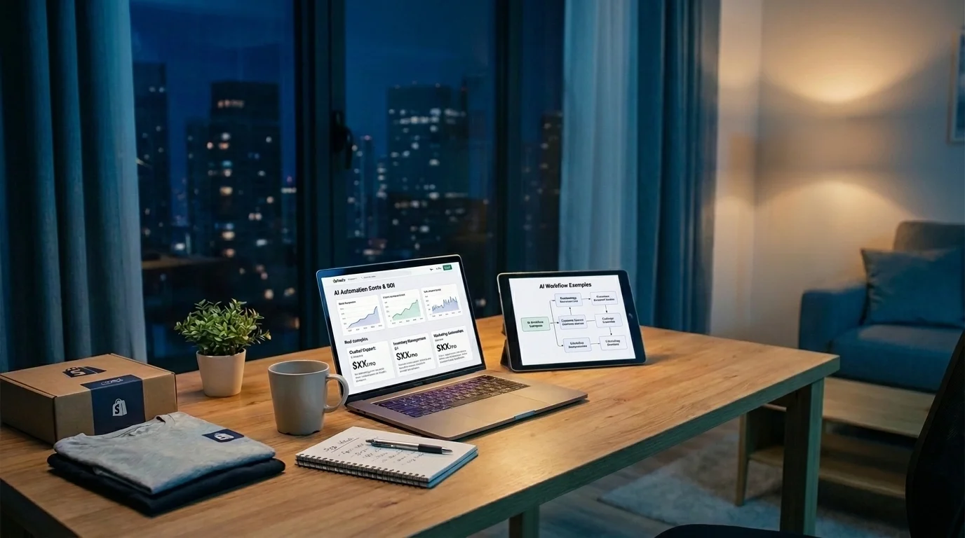 Workspace showing AI automation ROI metrics and business workflow diagrams on multiple screens.